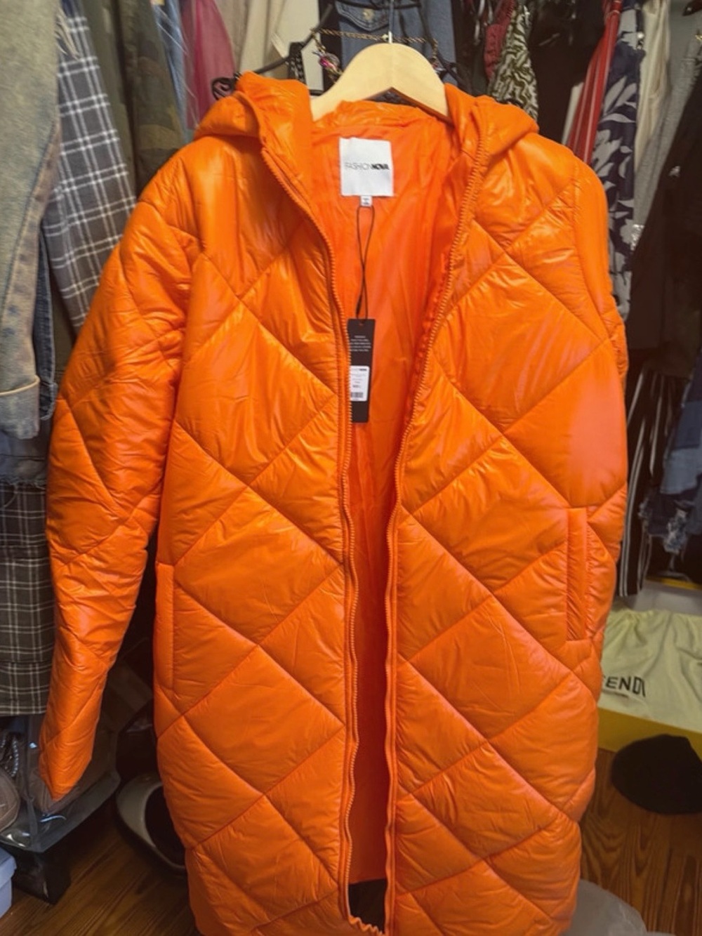 Fashion Nova Bright Orange Quilted Hooded Puffer